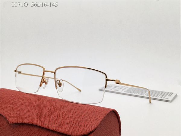 Nuova vendita di lenti trasparenti piccole montature 18k placcate oro ultraleggere quadrate mezza montatura occhiali da vista da uomo stile business occhiali modello 0071O