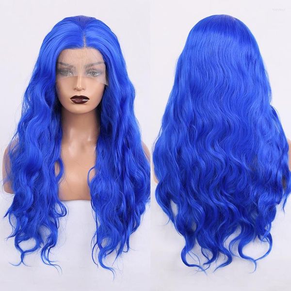 Parte anteriore in pizzo sintetico blu a onda lunga per capelli da donna in fibra di calore con sostituzione del trucco cosplay della parte centrale