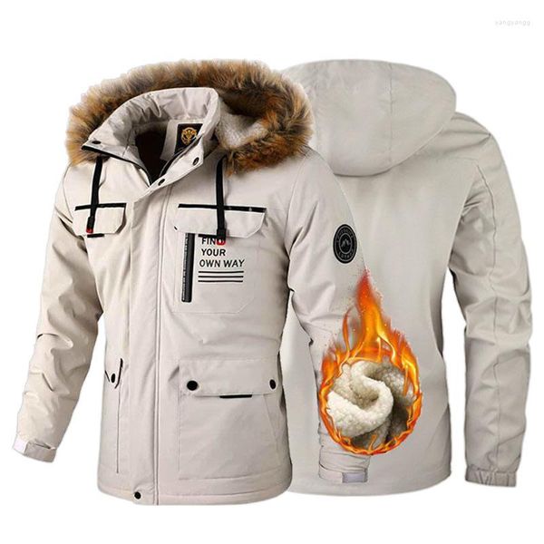 Jackets masculinos Casual Pocket Multi Pocket Loose Parka Moda masculina espessada espessada de colarinho de pele de vento casaco de lã de inverno com capuzes com capuz