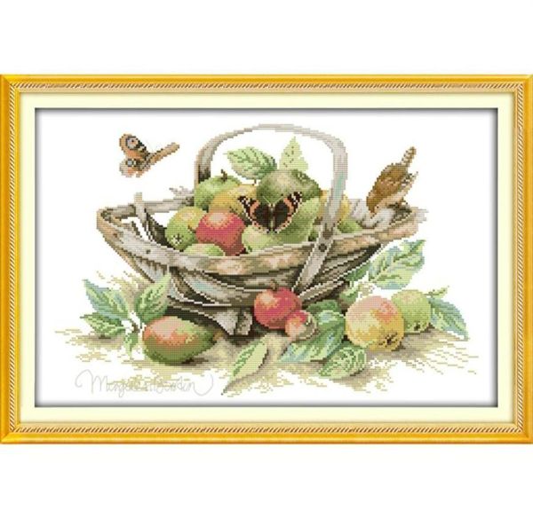 A cesta de frutas 4 padrões DIY feito à mão kit de ponto cruz contado e conjunto de bordado estampado preciso Needlework DMC 14ct e 11ct26538077