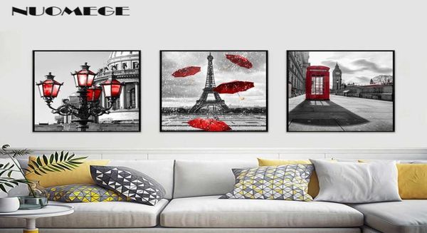 Preto e branco torre guarda-chuva vermelho pintura em tela paris rua arte da parede poster imprime imagem decorativa para viver casa x07269131747