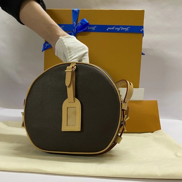 Mini Petite Boite Chapeau Borse a tracolla rotonde da donna con cinturino in pelle regolabile Borse a tracolla con pochette in tela originale Cowhidw Trim Droshipping