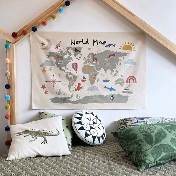 Wandteppiche Weltkarte Wandteppich Wandbehang für Kinderzimmer Dekor Boho Hintergrundstoff 231124