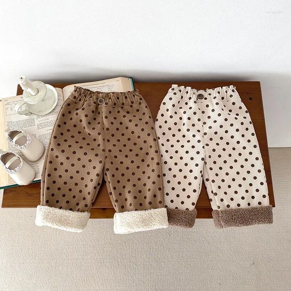 Pantaloni coreani invernali per neonate pantaloni di peluche infantili in velluto impiombato pantaloni caldi casual ispessiti a pois per bambini