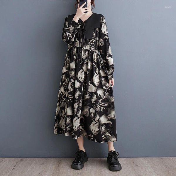 Casual Kleider Korea Stil Drucken Spitze Up Patchwork V-ausschnitt Outwear Weste Zwei Stück Vintage Herbst Kleid Sets Mode Frauen Frühling