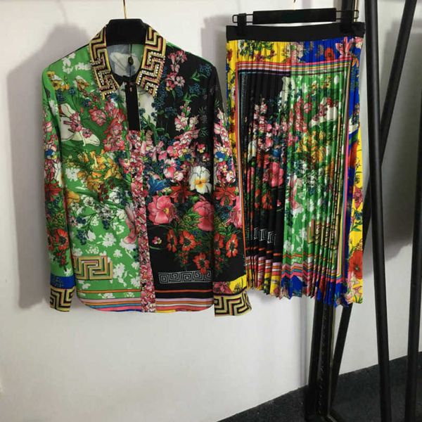 23ss roupas femininas de grife camisa conjunto saia terno estampa floral vintage pregado lapela frisada camisa manga longa cintura alta plissada meia saia conjuntos roupas femininas a1