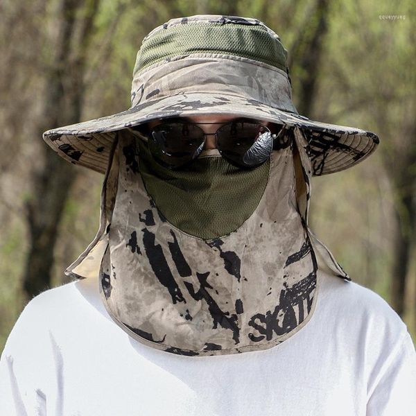 Bandane 3 pz/set Uomini Cappello Della Benna Con Scialle Velo Camouflage Estate Sabbia Prevenzione 12 centimetri Army Sun Impermeabile di Campo All'aperto berretto da pesca