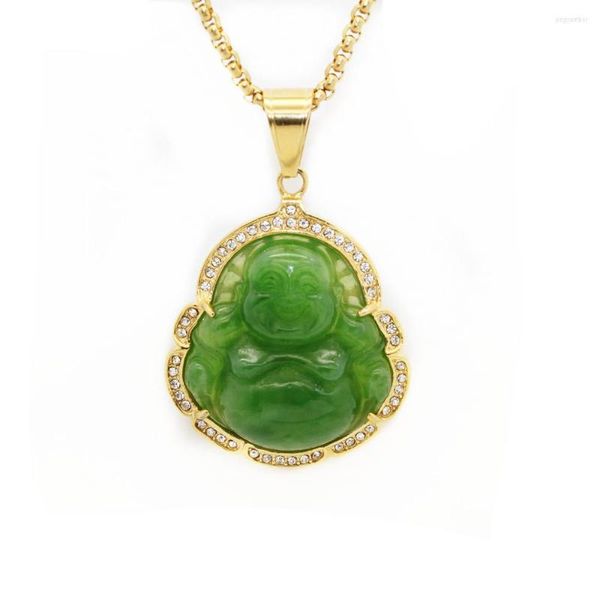 Colares pendentes Maitreya Buddha Green Green Jade Colar Jade Aço inoxidável chinês Charme de amuleto de jadeita para homens para homens