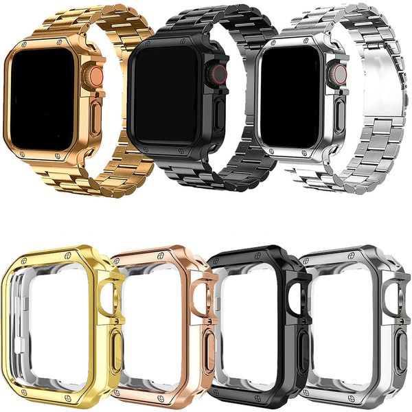 TPU Caso de protetora Casos de eletroplato com tiras de aço de aço Kit Bands Band Band Chain Strap for Apple Watch 3 4 5 6 7 8 Ultra 49 45 44 42mm