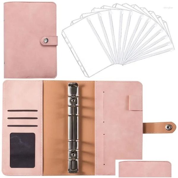 Blocos de notas Atacado Couro Notebook Binder pode ser preenchido com folha solta Zipper Bag Bills Storage Book 6 Buracos Bolsos Orçamento Envelope Dhug8