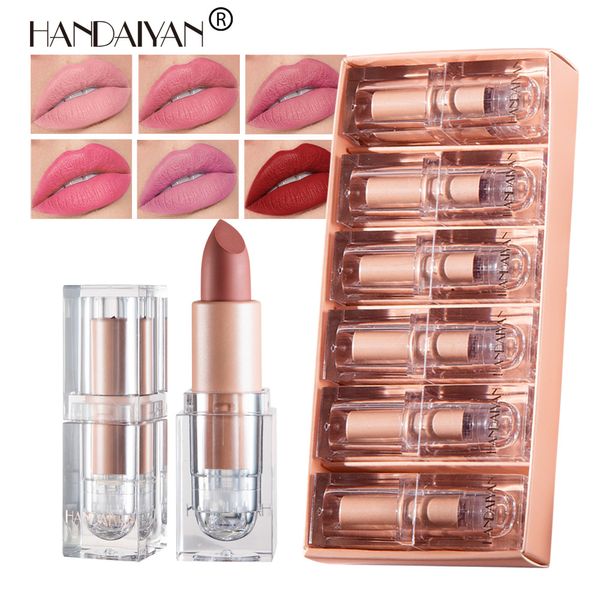 HANDAIYA Rossetto a tubo quadrato di cristallo Set di rossetti opachi per cubetti di ghiaccio piccoli 6 pezzi Trucco labbra professionale a lunga durata in velluto