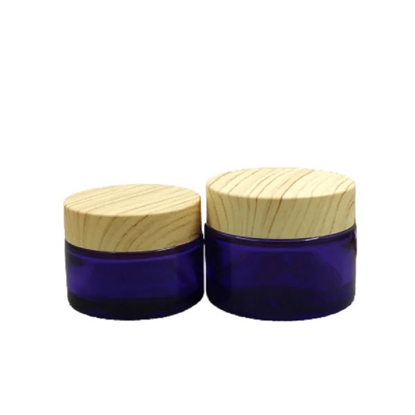 20G 30G 50G Clear Purple Glass Bottiglia riutilizzabile Vuoto Vasetti per crema per gli occhi Falso legno Coperchio a vite in plastica Imballaggio cosmetico Containe Qualità