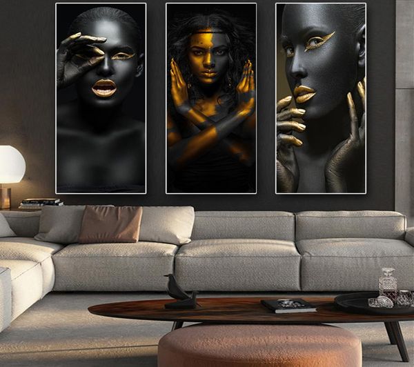 Schwarz -Gold Afrikanische nackte Frau Cuadros Canvas Malerei und Drucke skandinavische Wandkunstbild für Wohnzimmer Dekor T2705116