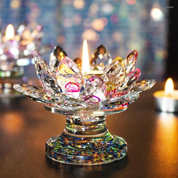 Titulares de vela HD colorido Crystal Lotus Flor Tealight Holders Candlestick para decoração de casa Festa de casamento de Natal Housewarming Presente