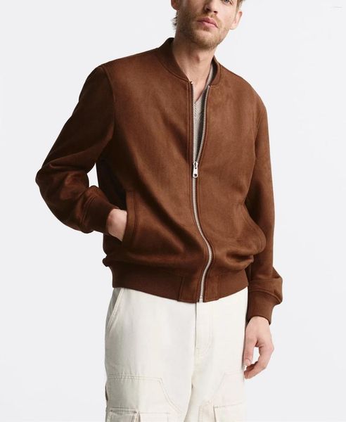 Jaquetas masculinas simples moda gola homens jaqueta casual ajuste de alta qualidade imitação camurça bombardeiro cor sólida casaco de luxo topo