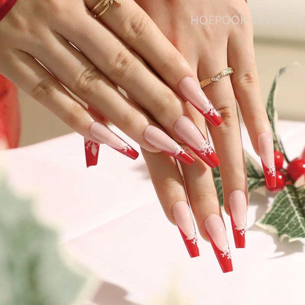 Pregos Falsos 24 pcs Natal Francês Longo Falso Arte Artificial Acrílico Imprensa em Dicas de Unhas Reutilizável Cobertura Completa Conjunto À Prova D 'Água