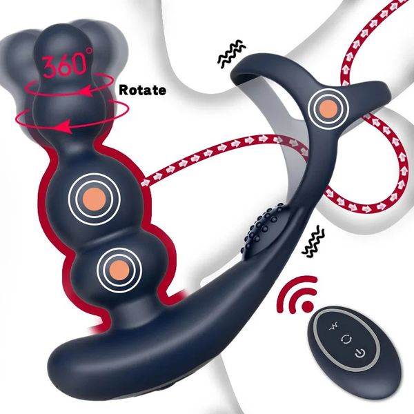 Vibradores Control remoto Masajeador de próstata masculino Vibrador 360 ° Girar Anillo de juguete Tapones Masturbador Consolador Anal Butt Sex Plug Wearable 231124