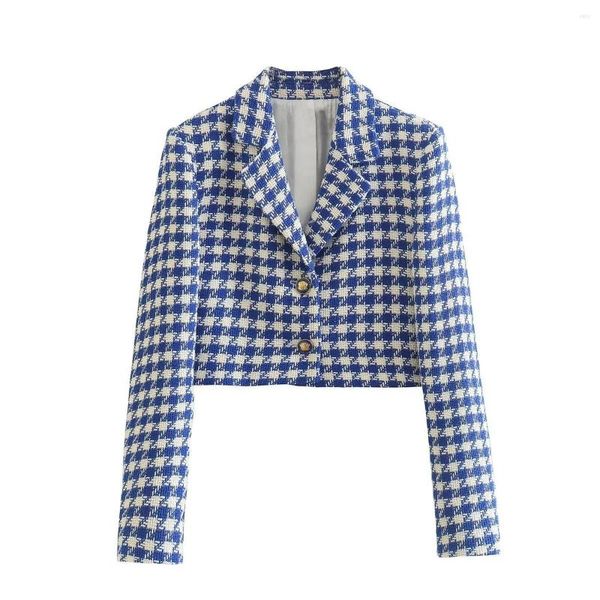 Jackets femininos 2023 Casa xadrez azul cortada elegante e chique de mangas compridas