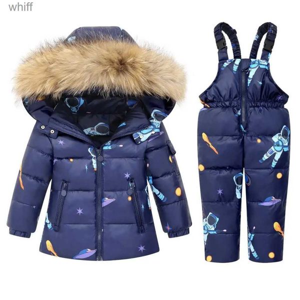 Daunenmantel 2023 Winter Kinder -30 Grad Schneeanzug Gedruckt Cartoon Elastische Taille Overall Ser Pelzkragen Dicke Warme Daunenjacke Kid Outfit 231125