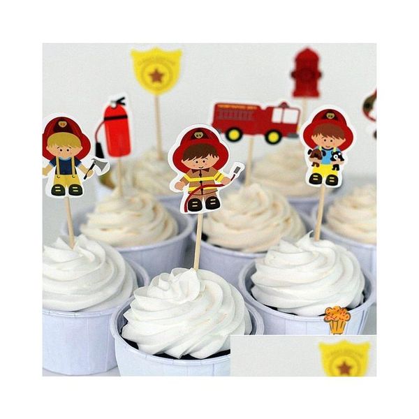 Outros suprimentos de festa festiva 72 pcs bombeiro bolo toppers cupcake picaretas casos bombeiro crianças decoração de aniversário chá de bebê cand dhyxh