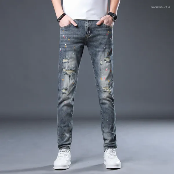 Jeans masculinos rasgados para homens magro ajuste estiramento pintura angustiado hip hop homem denim calças desgastadas retalhos marca de alta qualidade