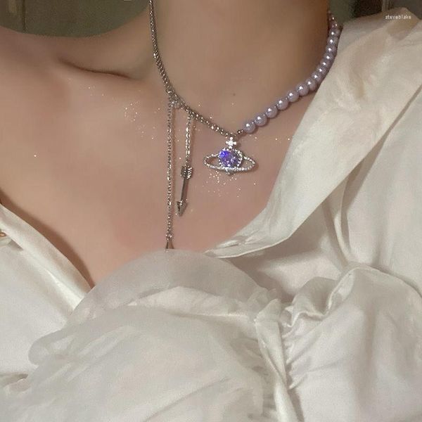 Collane con ciondolo Harajuku E Girl Style Space Crystal Pearl Heart Perline viola Catene Collana girocollo per colletto da donna Accessori grunge