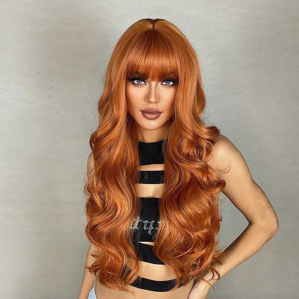 Perucas de cabelo Gengibre Laranja Sintética para Mulheres Negras Longo Ondulado com Franja Cosplay Colorido Resistente ao Calor Body Wave Party Wig 231121