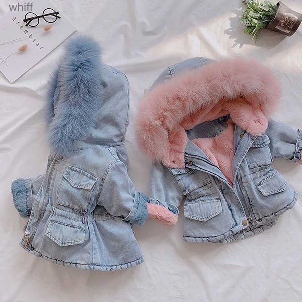 Piumino invernale Giubbotti di jeans Bambini Neonata Cappotto con cappuccio Pelliccia in pile Velluto Manica intera Cappotti spessi caldi 1-6 anni Capispalla per bambini 231125