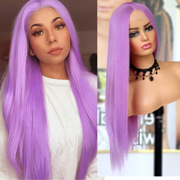 Light Purple Long Lace Hair Sintet Glueless resistente a fibras sintéticas para mulheres de moda