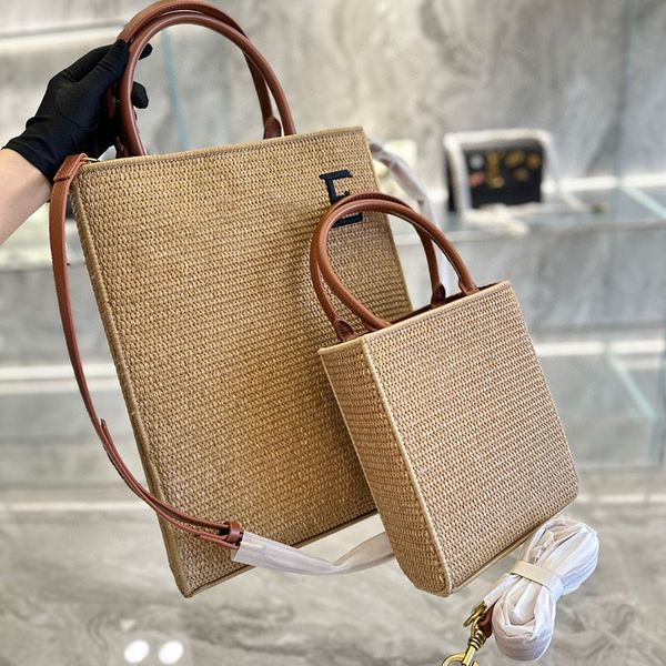 Borse a tracolla in paglia marrone Designer da donna Minimalista Casual Tote Borse da fine settimana leggere in due dimensioni