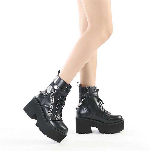 Botas Punk Motocicleta Botas Metal Cinto Fivela Front Lace Up Grosso Salto Curto Tubo Muffin Sapatos Martin Womens Soles 230830