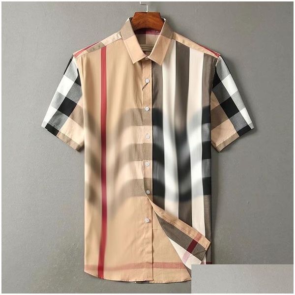 Homens casuais camisas de alta qualidade designer mens camisa burbereys camisas de hombre moda geométrica verificação impressão manga curta lapela b dhzj4