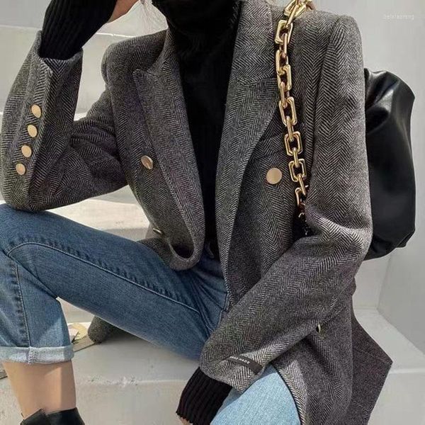 Cappotto da donna in lana a spina di pesce da donna in lana con motivo a spina di pesce, giacca da donna, lunghezza media, ispessimento, elegante, moda, autunno inverno, cappotto