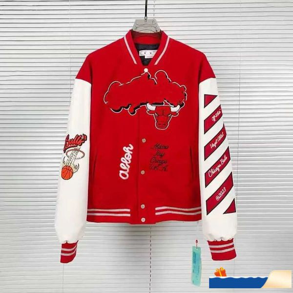 Giacche da uomo Autunno / Inverno Off Giacca bianca di marca 2023 Moda Nuovo bomber di lana ricamato a mano Cappotti da baseball da uomo e da donna X0920 296 595