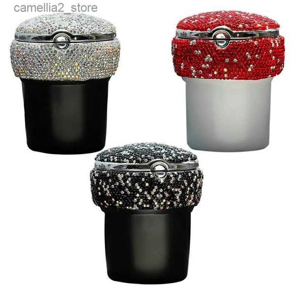 Cinzeiros de carro porta-copos cinzeiro cinzeiro de carro mulheres strass porta-copos de carro cilindros portáteis luzes LED azuis mini latas de lixo para copo de carro q231125