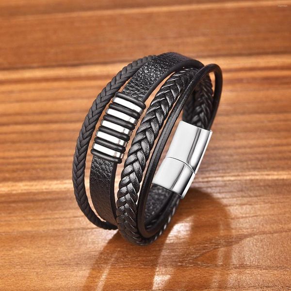 Charm Bracelets Multilayer Black Punk Style Design Lederarmband für Männer Edelstahl Magnetknopf Geburtstagsgeschenk Männlich