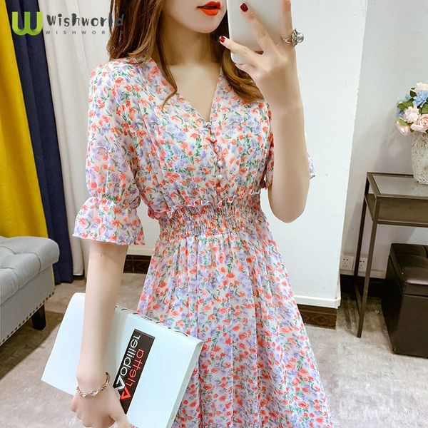 Casual Kleider Vergrößern Korean Puffärmel Chiffon Partykleid Mode Casual Blumen V-Ausschnitt Minikleid Grace Herbstkleider für Frauen 230425