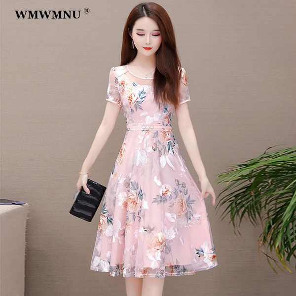 Lässige Kleider Eleganter Druck A-Linie Kleid für Frauen Party Sommer Koreanisch Kurzarm Knielang Tüll Kleider Robe Femme Vestidos Verano 230425