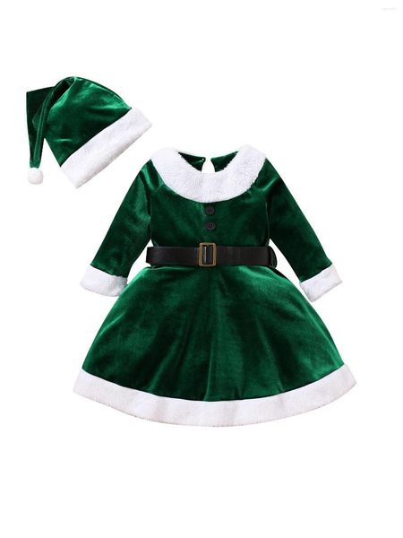 Mädchenkleider Kinder Kleinkind Weihnachtskleid Outfits Weihnachtsmann Langarm mit Gürtel und Hut