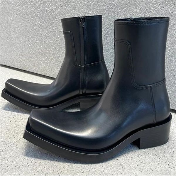 Botas masculinas pretas com zíper quadrado toe homem tornozelo botas de luxo masculino chelsea sapato designer