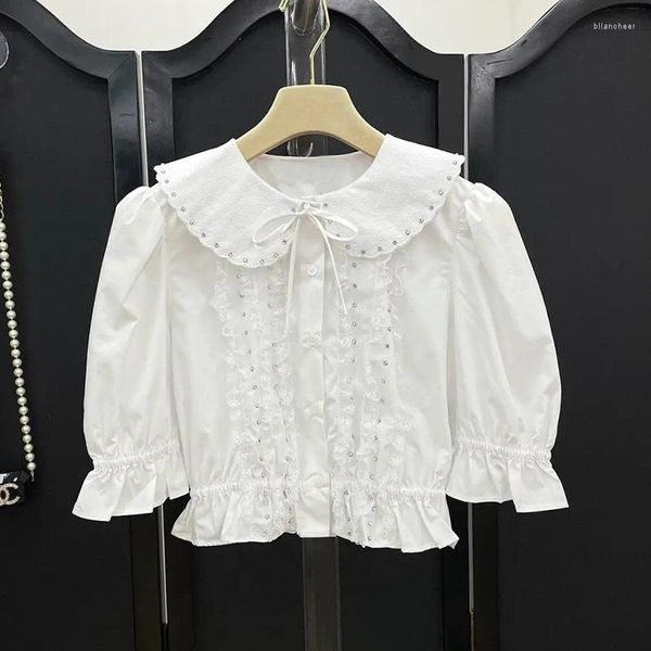 Camicette da donna Camicia bianca da donna Pizzo fatto a mano con diamanti intarsiati Colletto per bambola Manica a bolle Versatile Miu Top Summer Style