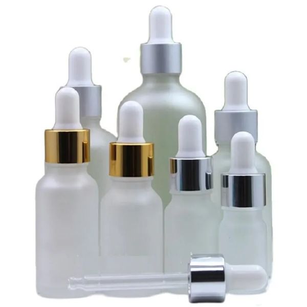 Simple Frost Glass Dropper Bottle Silver Gold Lid White Rubber Top Empty Cosmetic Packaging Container Essential Oil Vials 5ml 10ml 15ml 20ml 30ml 50ml 100ml