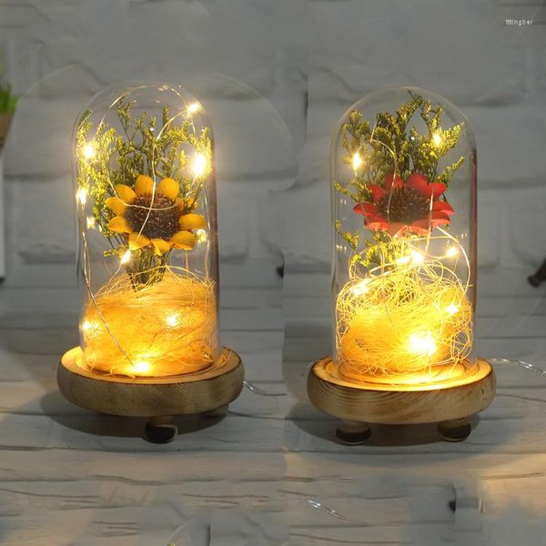 Декоративные цветы Букет подсолнечник высушен в стеклянном куполе с базовым ландшафтом теплый свет.