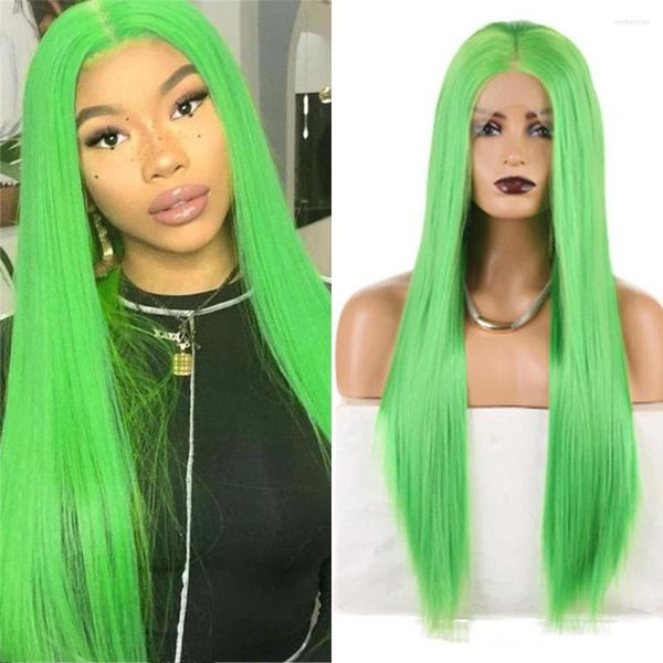 Frontale in pizzo verde per le donne capelli di ricambio cosplay lunghi lisci serici sintetici senza colla a metà mano