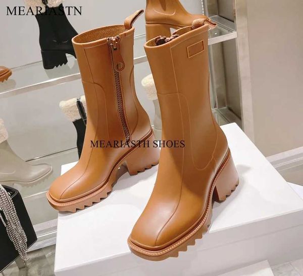 Chunky plataforma de salto alto meados de bezerro botas de chuva feminino fundo grosso zíper lateral de borracha sapatos de outono botas de tornozelo curto