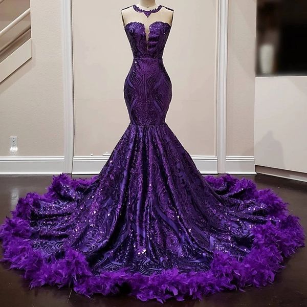 Purple Feathers Mermaid Prom Dresses For Black Girl Sequin Birthday Women Party Dresses 2023 Robes De Bal Evening Gowns