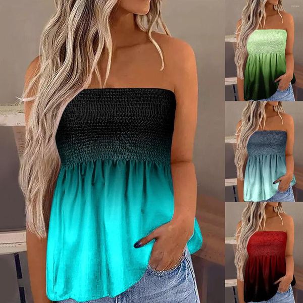 Blouses feminina Mulheres Bandeau Tank Tanque casual Férias de verão solto Holiday Top blusa Tanque plissado de túnica elástica