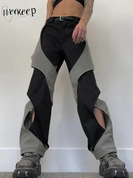 Calça feminina weekeep y2k techwear casual chic contrast hollow out feminino cargo streetwear baixo ascensão a pás coreana moda coreana