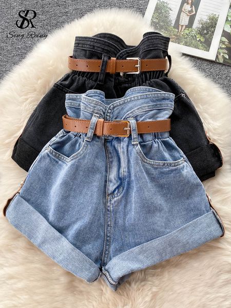 Damen Shorts SINGREINY Fashion Rolled Denim Pants Damen Casual Hight Waist Sheath Female Vinage Belt Streetwear Thin Wide Leg Mini Short 230425