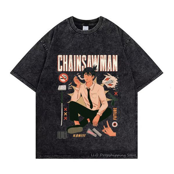 Magliette da uomo Anime Chain Saw T-shirt da uomo Wash T-shirt in cotone vintage T-shirt a maniche corte Power T-shirt Pochita Denji T-shirt stampata Y2k 230425